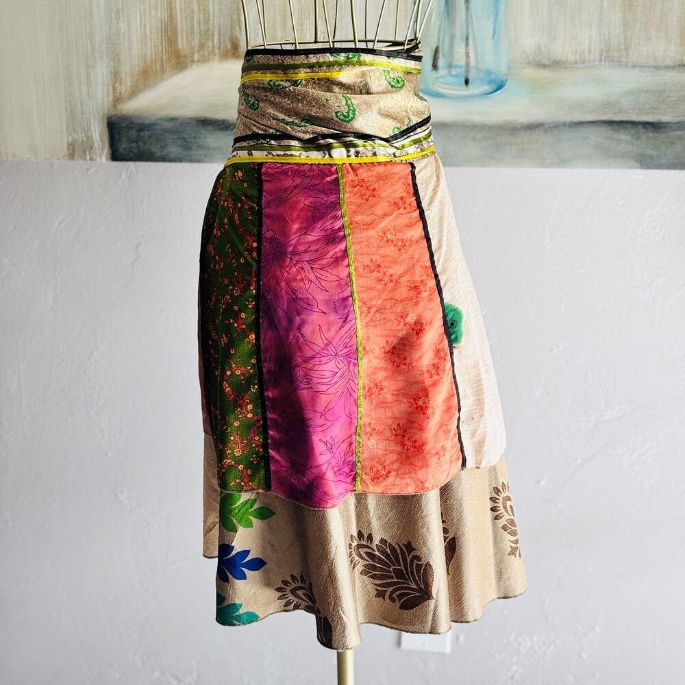 Paths of the Spirit 100% Silk Patchwork Wrap Skirt Boho Artisan Colorful